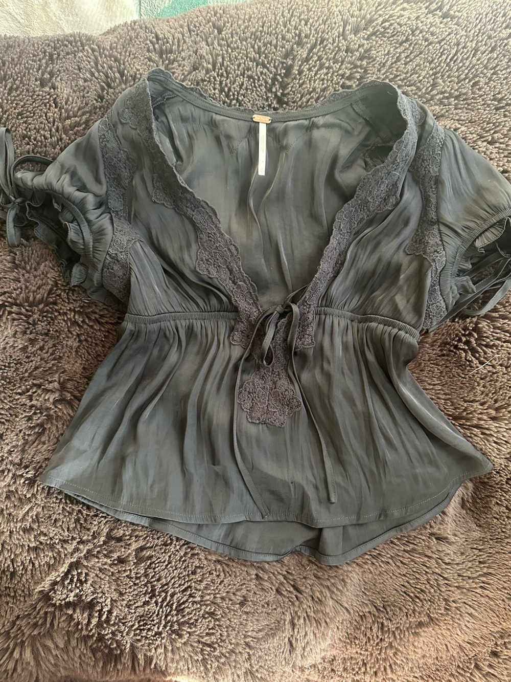 Free People Black Lace-Trim V-Neck Peasant Blouse